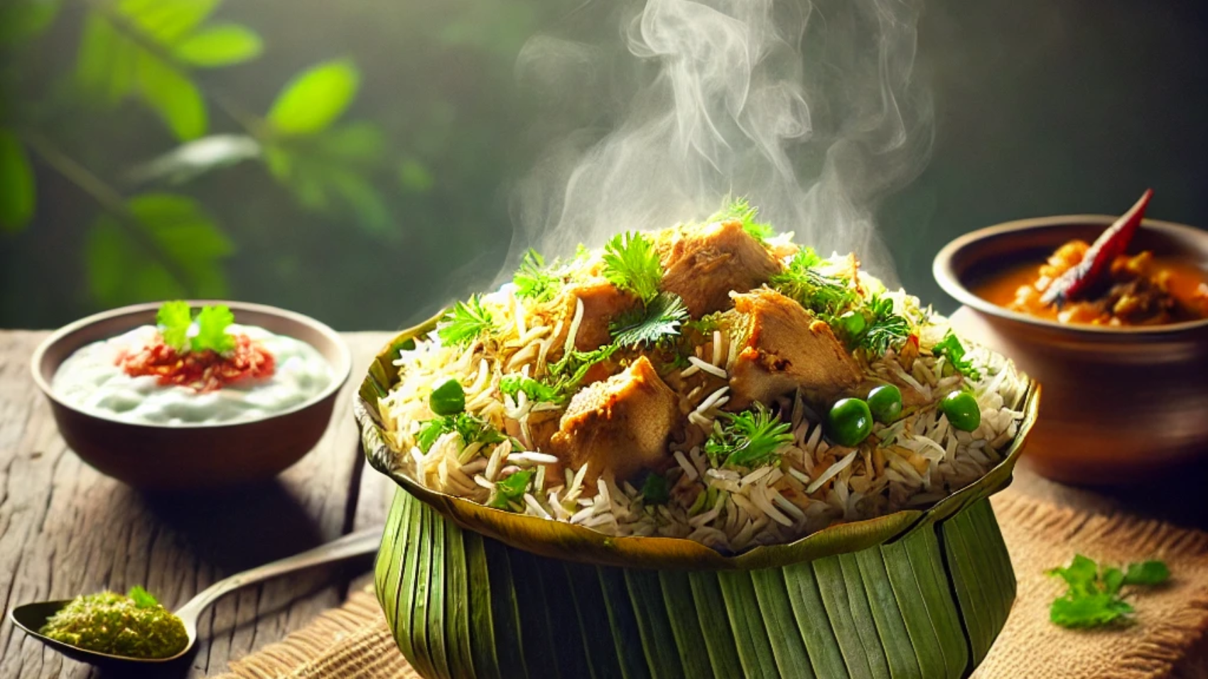 DALL·E 2025-03-18 13.29.41 - A steaming hot bowl of Donne Biryani served in a traditional areca leaf bowl, placed on a rustic wooden table. The biryani has tender chicken pieces m