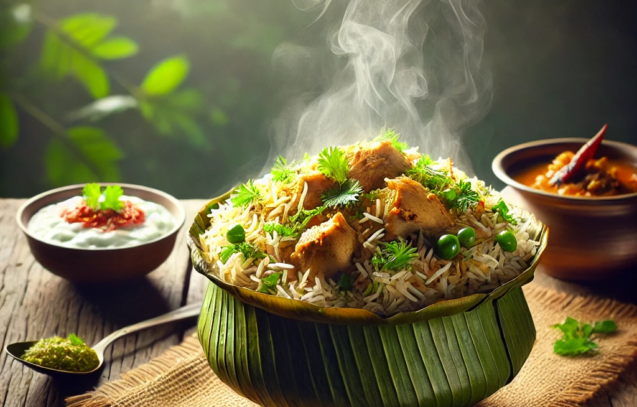 DALL·E 2025-03-18 13.29.41 - A steaming hot bowl of Donne Biryani served in a traditional areca leaf bowl, placed on a rustic wooden table. The biryani has tender chicken pieces m