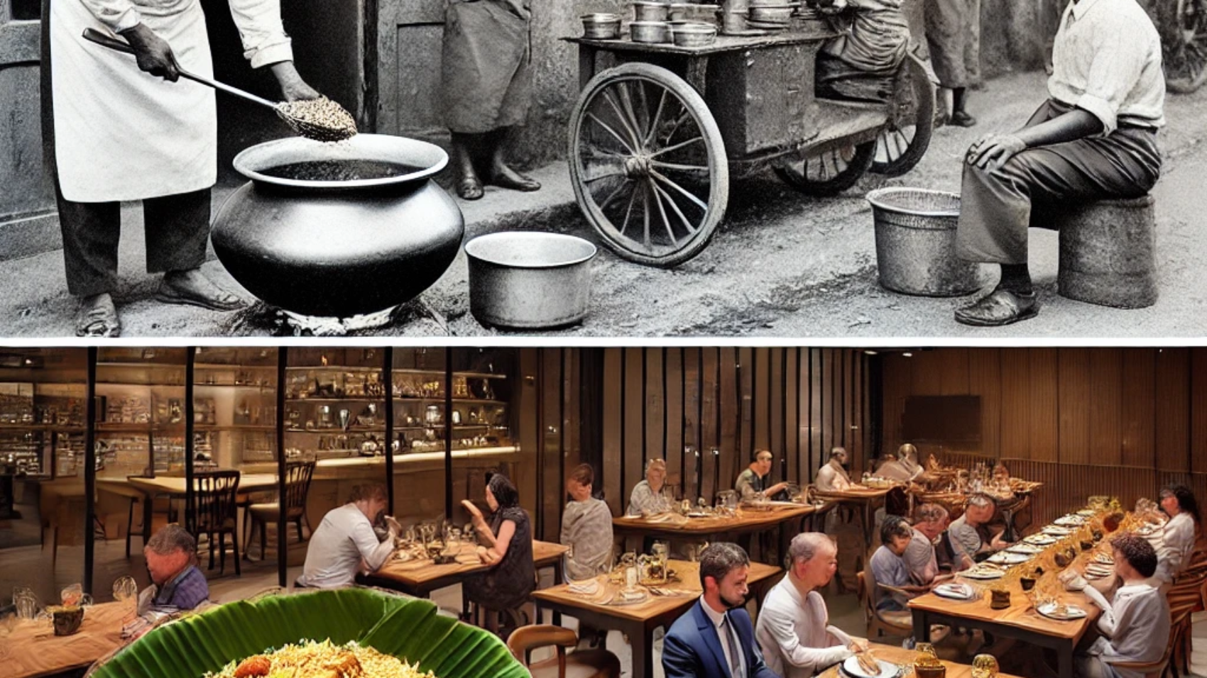 DALL·E 2025-03-18 13.44.04 - A side-by-side comparison of two scenes_ on the left, an old traditional military hotel with a chef preparing Donne Biryani in a large pot, served in (1)