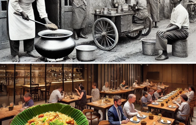 DALL·E 2025-03-18 13.44.04 - A side-by-side comparison of two scenes_ on the left, an old traditional military hotel with a chef preparing Donne Biryani in a large pot, served in (1)