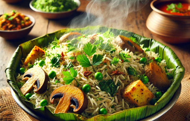DALL·E 2025-03-18 14.03.13 - A delicious plate of vegetarian Donne Biryani served in a traditional areca leaf bowl. The biryani is made with fragrant short-grain rice, fresh green